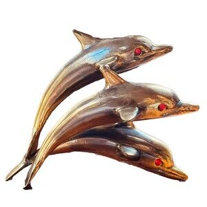 VTG Brass Swimming Jumping Three Dolphins Figurine Sculpture Statue 3.5” Marine